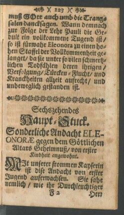 Sechszehendes Haupt-Stuck. Sonderliche Andacht Eleonorae gegen dem Göttlichen Altars Geheimnuß/ von erster Kindheit angewohnt