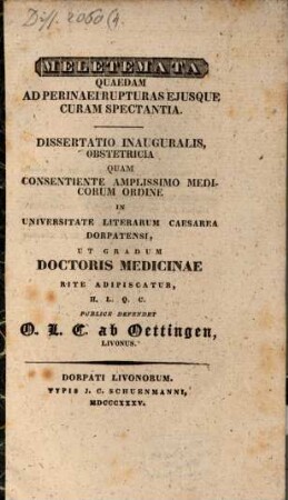 Meletemata quaedam, ad perinaei rupturas eiusque curam spectantia : Diss. inaug. obstetr.