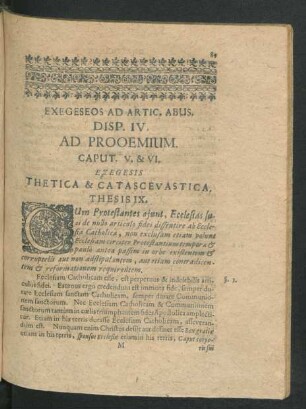 Exegeseos Ad Artic. Abus. Disp. IV. Ad Prooemium. Caput V. & VI. Exegesis Thetica & Catasceuastica.