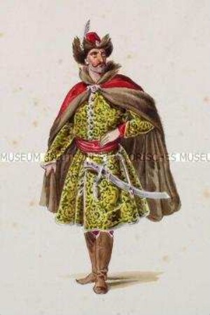 Mann in gelb-grünem Brokatmantel mit umgegürtetem Säbel und Pelzumhang - Tafel aus Franceschini/Kostümbilder (Kassette 2)