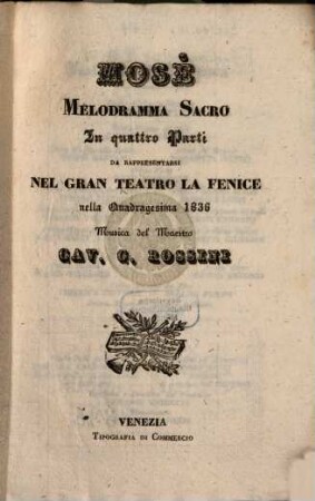 Mosè : Melodramma sacro in 4 parti