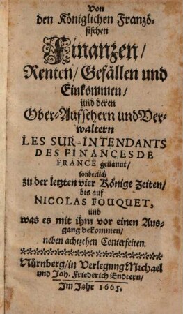 Von den königlichen französischen Finanzen, Renten, Gefällen und Einkommen