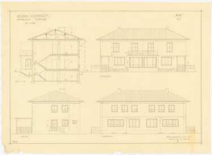 Gesamtbebauungsplan Ankara Ankara Kooperatifi. Haustypen: Typ B2, BOR, Doppelhaus 5 Zimmer, Querschnitt, Gartenansicht, Straßenansicht und Seitenansicht 1:50
