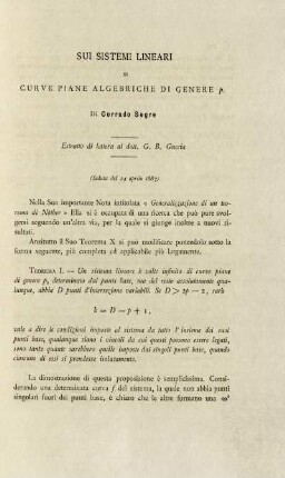 Sui sistemi lineari di curve piane algebriche di genere.