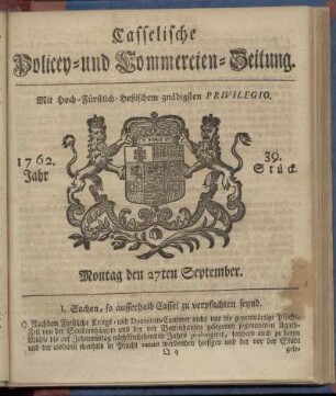 39. Stueck, Montag den 27ten September 1762
