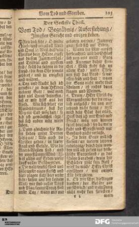 Der Sechste Theil. Vom Tod / Begräbnis / Auferstehung / Jüngsten Gericht und ewigen Leben.