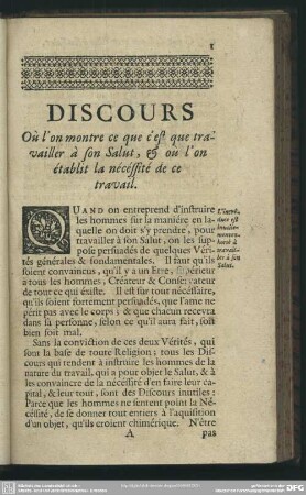 Discours Où l´on montre ce que est que travailler à son Salut, & où lón établit la nécéssité de ce travail