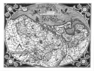 Belgien und Niederlande : Belgien und Niederlande. Karte ca. 1 : 1 275 000 von Abraham Ortelius. Kupferstich, koloriert, goldgehöht; 38 x 50,5 cm. Antwerpen, 1570. Dresden: SLUB Tab. geogr. B Belg. A 110 (= A 3446)