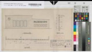 Giebelseite Lokschuppen III (Stand 16) Paderborn Hbf: Ansicht, Grundriß, Schnitt, M. 1:100 Hgl, Sknr.: 2, Fanr.: 8, Bunr.: 8
