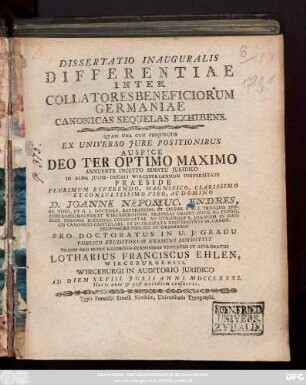 Dissertatio Inauguralis Differentiae Inter Collatores Beneficiorum Germaniae Canonicas Sequelas Exhibens