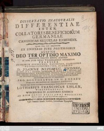 Dissertatio Inauguralis Differentiae Inter Collatores Beneficiorum Germaniae Canonicas Sequelas Exhibens