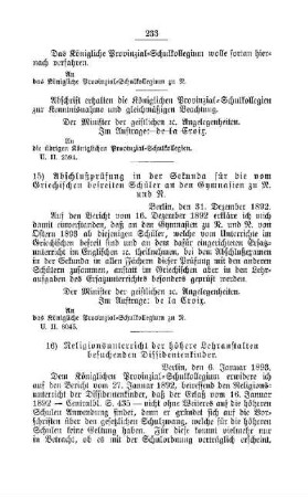 Religionsunterricht der höheren Lehranstalten besuchenden Dissidentenkinder : [C. Höhere Lehranstalten]