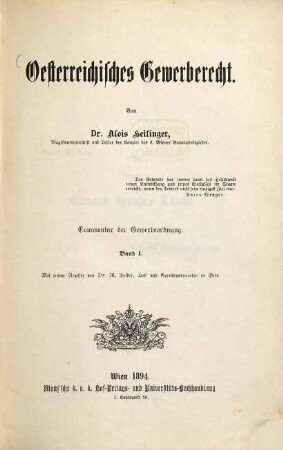 Österreichisches Gewerberecht : Commentar d. Gewerbeordnung, 1