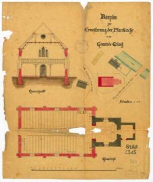 Erweiterung der Kirche in Erlach; Querschnitt, Situation 1:500, Grundriss; Tusche auf Ölpapier, koloriert