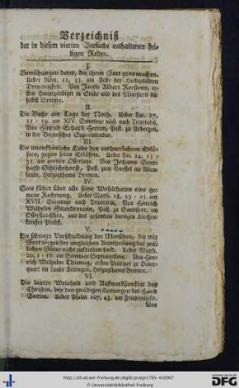 Verzeichniß der in diesem vierten Versuche enthaltenen heiligen Reden.