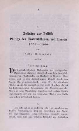 II. Beiträge zur Politik Philipp des Grossmüthigen von Hessen 1556 - 1560