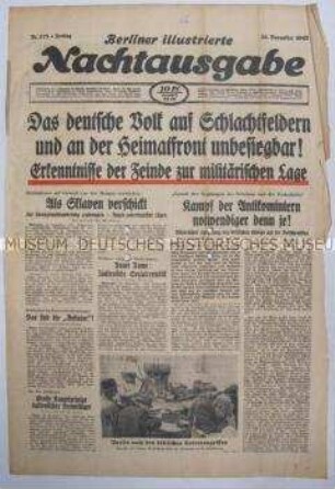 Umschlagblatt der Abendzeitung "Berliner illustrierte Nachtausgabe" u.a. über britische Luftangriffe und die Lebensmittelversorgung in Berlin