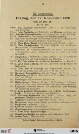 III. Auktionstag: Freitag, den 19. November 1920 von 10 Uhr ab (Nr. 890-1161)