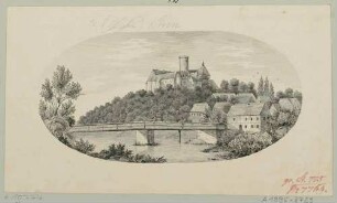 Die Burg Scharfenstein (Drebach-Scharfenstein) und der umliegende Ort von Südosten aus dem Zschopautal (?)