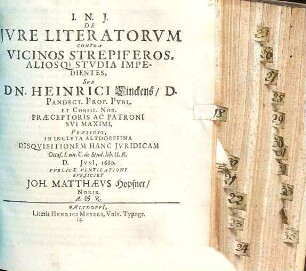 De Iure Literatorum Contra Vicinos Strepiferos, Aliosq[ue] Studia Impedientes