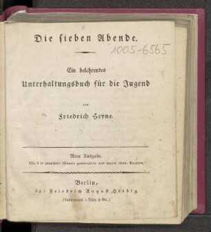 Die sieben Abende : ein belehrendes Unterhaltungsbuch für die Jugend