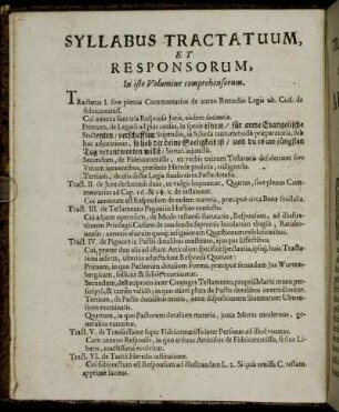 Syllabus Tractatuum, Et Responsorum, In isto Volumine comprehensorum.