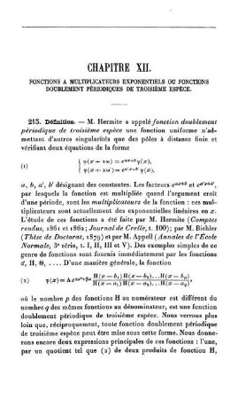 Chapitre XII. Fonctions à Multiplicateurs Exponentiels ou Fonctions Doublement Périodiques de Troisième Espèce.