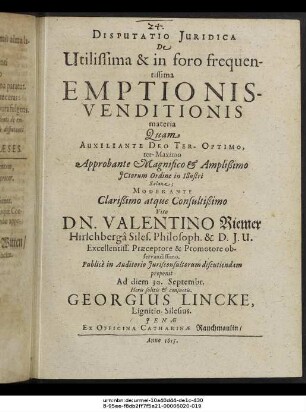 Disputatio Iuridica De Utilissima & in foro frequentissima Emptionis-Venditionis materia