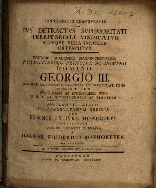 Dissertatio inauguralis qua ius detractus superioritati territoriali vindicatur eiusque vera indoles ostenditur