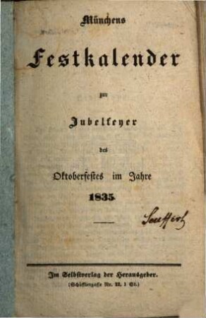 Münchens Fest-Kalender zur Jubelfeier des Oktoberfestes im Jahre 1835