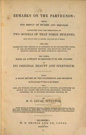 Remarks on the Parthenon: Being the Result of Studies and Inquiries connected with the Production of two Models of that noble Building ...
