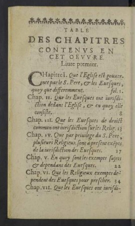 Table des Chapitres