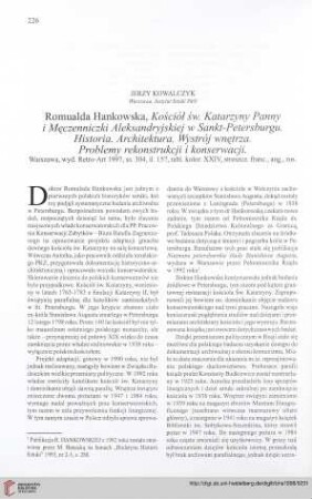 [Romualda Hankowska, Kościół św. Katarzyny Panny i Męczenniczki Aleksandryjskiej w Sankt-Petersburgu. Historia, architektura, wystrój wnętrza. Problemy rekonstrukcji i konserwacji]