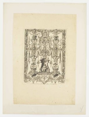 Apollo auf einem Thron, aus der Folge "Wandteppiche", aus: Jacques Thuret, „Oeuvre de Jean Bérain“, Paris 1711