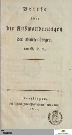 Briefe über die Auswanderungen der Würtemberger