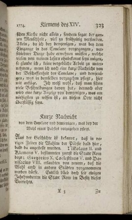 Kurze Nachricht von dem Conclave und demjenigen, was bey der Wahl eines Pabstes vorzugehen pflegt.