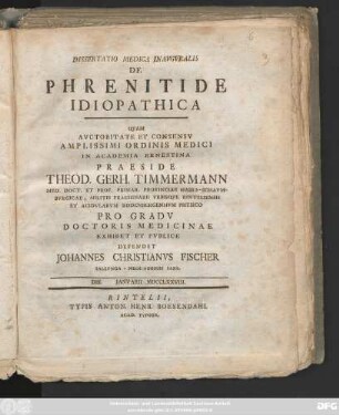 Dissertatio Medica Inavgvralis De Phrenitide Idiopathica