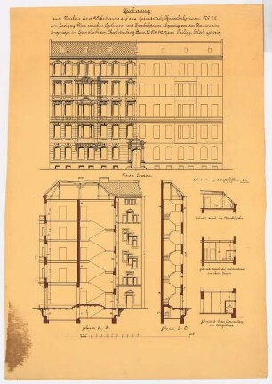 Wohnhaus P. Bloch III Knesebeckstraße 20-22, Berlin-Charlottenburg: Knesebeckstraße 22: Vorderansicht, Schnitt AB, Schnitt CD, Schnitt EF, Schnitt durch die Waschküche, Schnitt durch die Klosettanlage