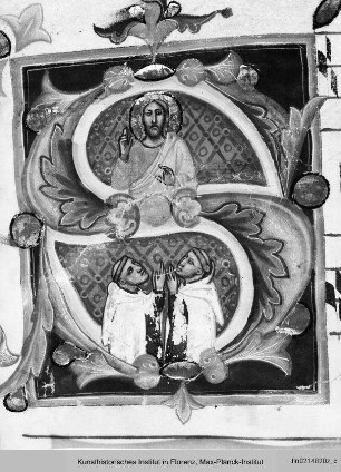 Choral A : Historisierte Initiale S: Segnender Christus (Salvator Mundi?) und Mönche