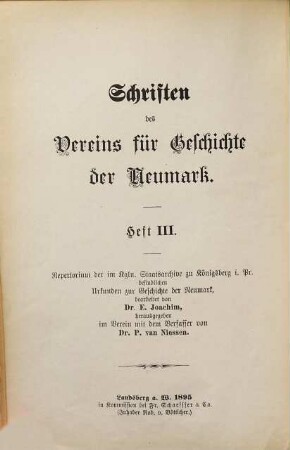 Schriften des Vereins für Geschichte der Neumark. 3. 1895