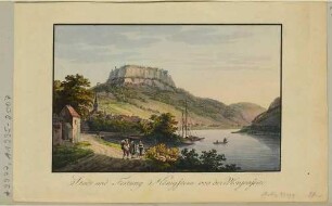 Die Stadt und die Festung auf dem Königstein in der Sächsischen Schweiz von der Straße am Elbufer nach Westen