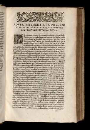 Advertissement avx prvdens et honnestes lectevrs de la covstvme de la ville