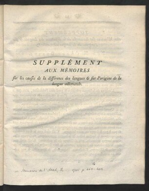 Supplément Aux Mémoires sur les causes de la différence des langues & sur lʹorigine de la langue allemande