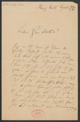 Brief an Ludwig Oppenheim und Mainzer Liedertafel und Damengesangverein : 29.08.1892