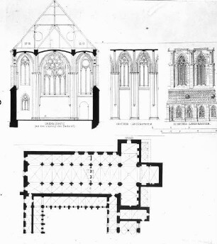 Haina (Hessen), ehem. Zisterzienserkloster, Klosterkirche, Querschnitt, Wandaufrisse außen und innen, Grundriss
