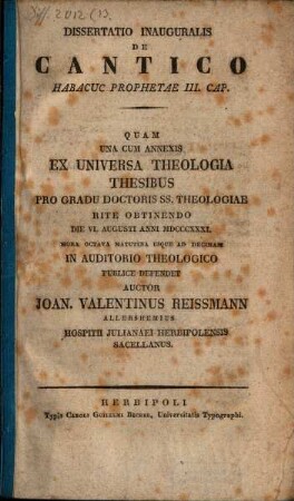 Dissertatio inauguralis de cantico Habacuc prophetae III. cap.