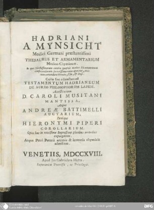Hadriani a Mynsicht Thesaurus et armamentarium medico-chymicum