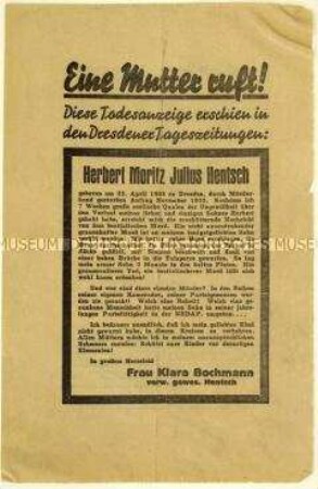 Flugblatt des Kampfbundes gegen den Faschismus zum Mord an Herbert Hentsch