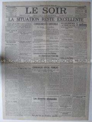 Belgische Tageszeitung "Le Soir" mit Meldungen und Berichten zum Kriegsgeschehen