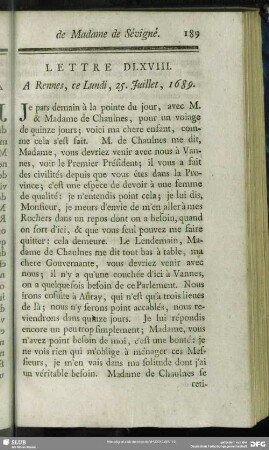 Lettre DLXVIII. A Rennes, ce Lundi. 25. Juillet, 1689